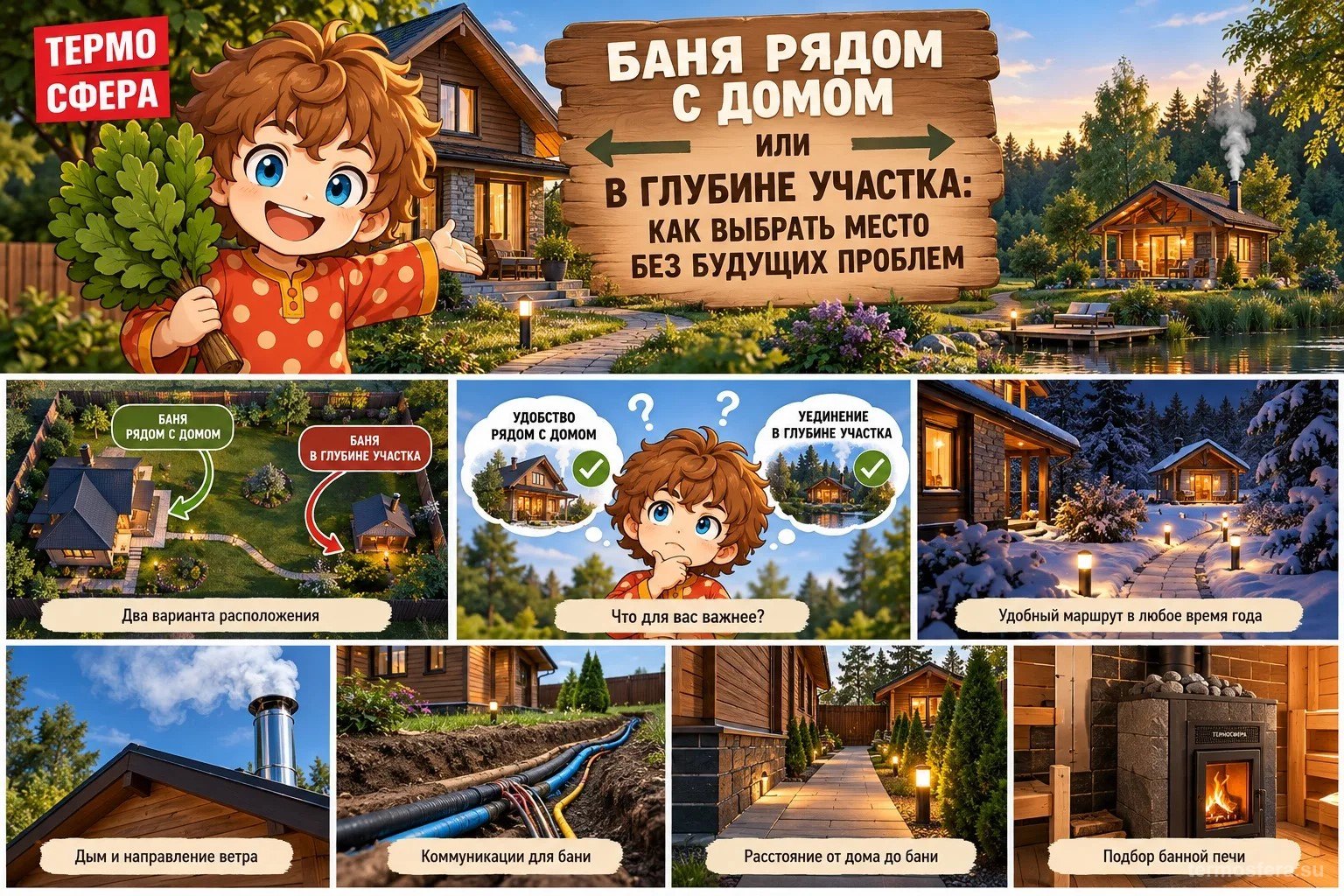 Баня рядом с домом или в глубине участка: два варианта расположения, маршрут зимой, дым и ветер, коммуникации, расстояние от дома и подбор банной печи