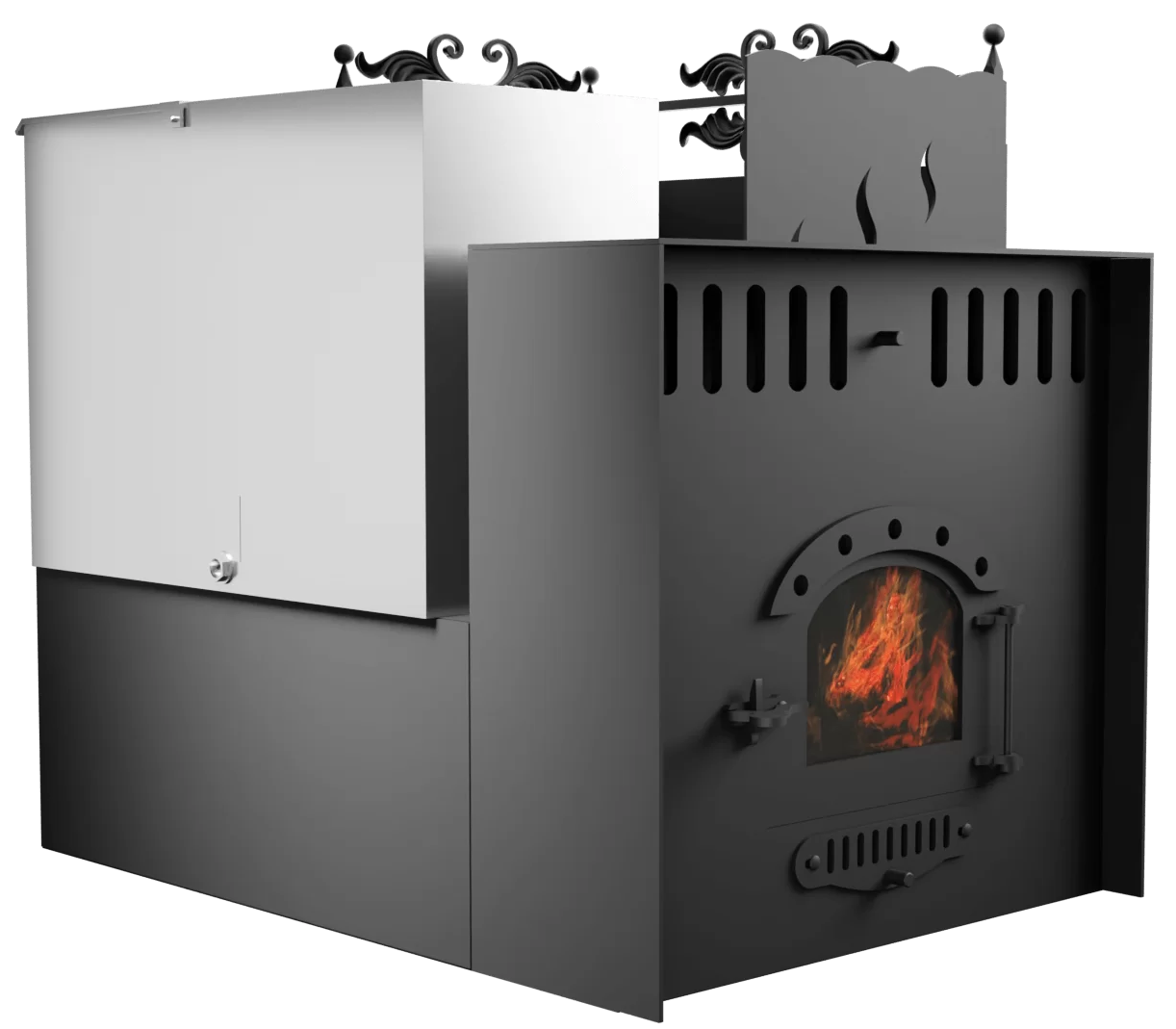 Печь Горыныч 3, каменка с правой стороны, малая дверь со стеклом, система воздушного отопления с порталом фото в Санкт-Петербурге Печь Горыныч 3, каменка с правой стороны, малая дверь со стеклом, система воздушного отопления с порталом фото в Санкт-Петербурге