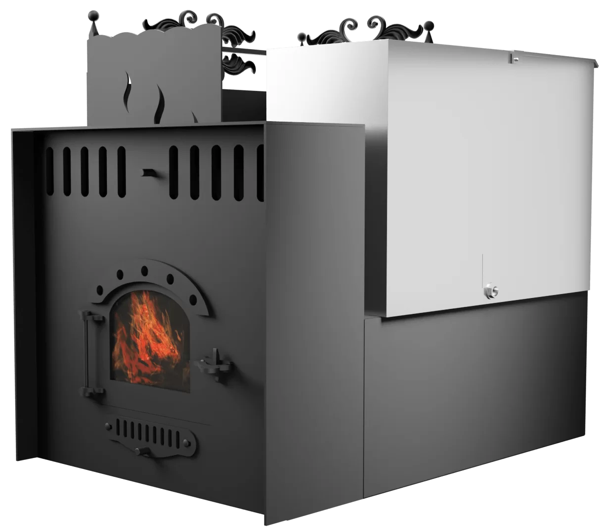 Печь Горыныч 3, каменка с левой стороны, малая дверь со стеклом, система воздушного отопления с порталом фото в Санкт-Петербурге Печь Горыныч 3, каменка с левой стороны, малая дверь со стеклом, система воздушного отопления с порталом фото в Санкт-Петербурге